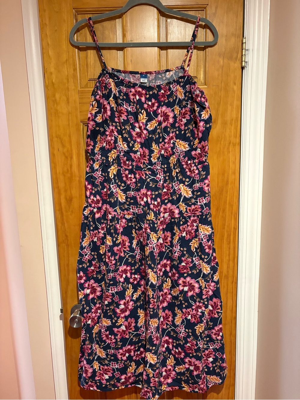 Old Navy Navy Midi Dress with Pink and Yellow Floral Print